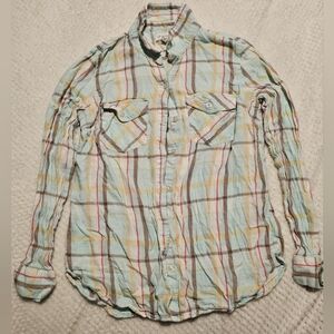 Blue and Red Plaid Mandarin Collar Long Sleeve Button Down Shirt